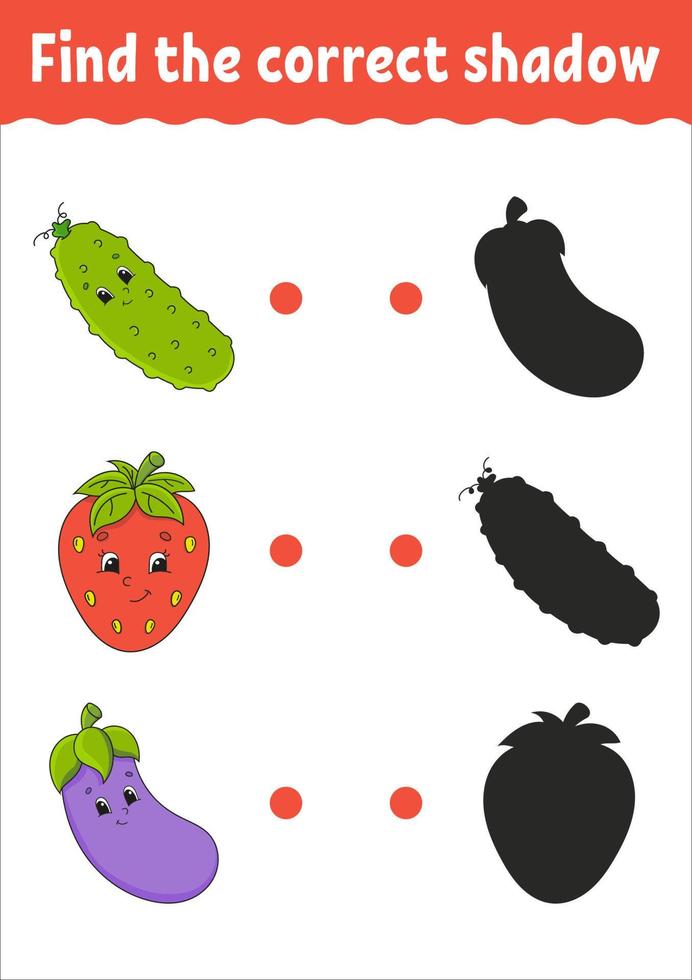 Find the correct shadow. Education developing worksheet. Matching game for kids. Color activity page. Puzzle for children. Cute character. Vector illustration.
