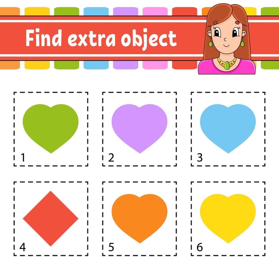 Find extra object. Educational activity worksheet for kids and toddlers. Game for children. Cute characters. Simple flat color isolated vector illustration in cartoon style.