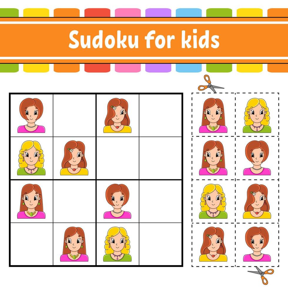 Sudoku for kids. Education developing worksheet. Activity page with pictures. Puzzle game for children. Logical thinking training. Funny character. Vector illustration.