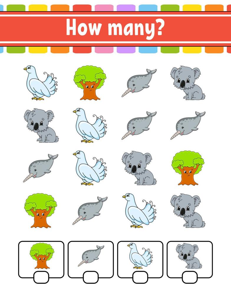 Counting game for children. Happy characters. Learning mathematics. How many object in the picture. Education worksheet. With space for answers. Vector illustration.