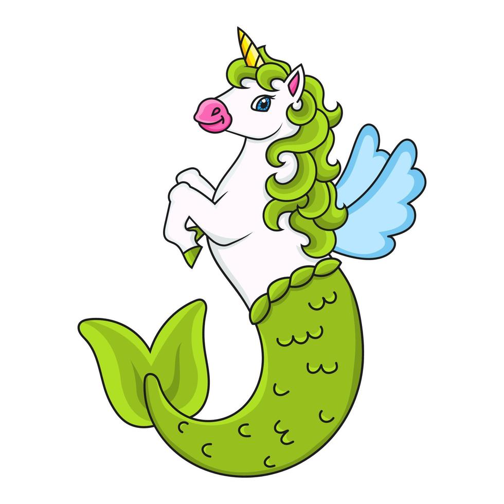 lindo unicornio sirena. caballo de hadas mágico. personaje animado. ilustración vectorial colorida. aislado sobre fondo blanco. elemento de diseño. plantilla para su diseño, libros, pegatinas, tarjetas. vector