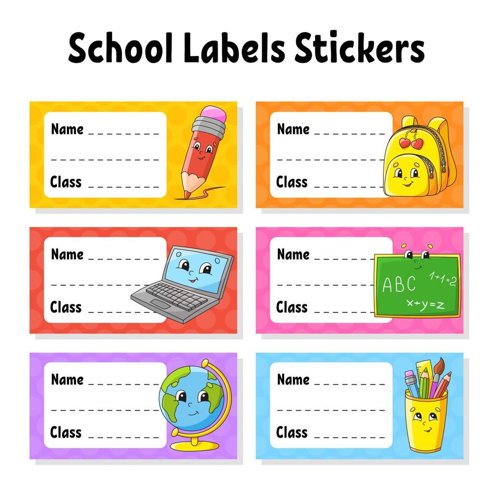 Name and class. Back to school labels. Set stickers for notebook. Bright stickers. Rectangular label. Cute characters. Color vector isolated illustration.