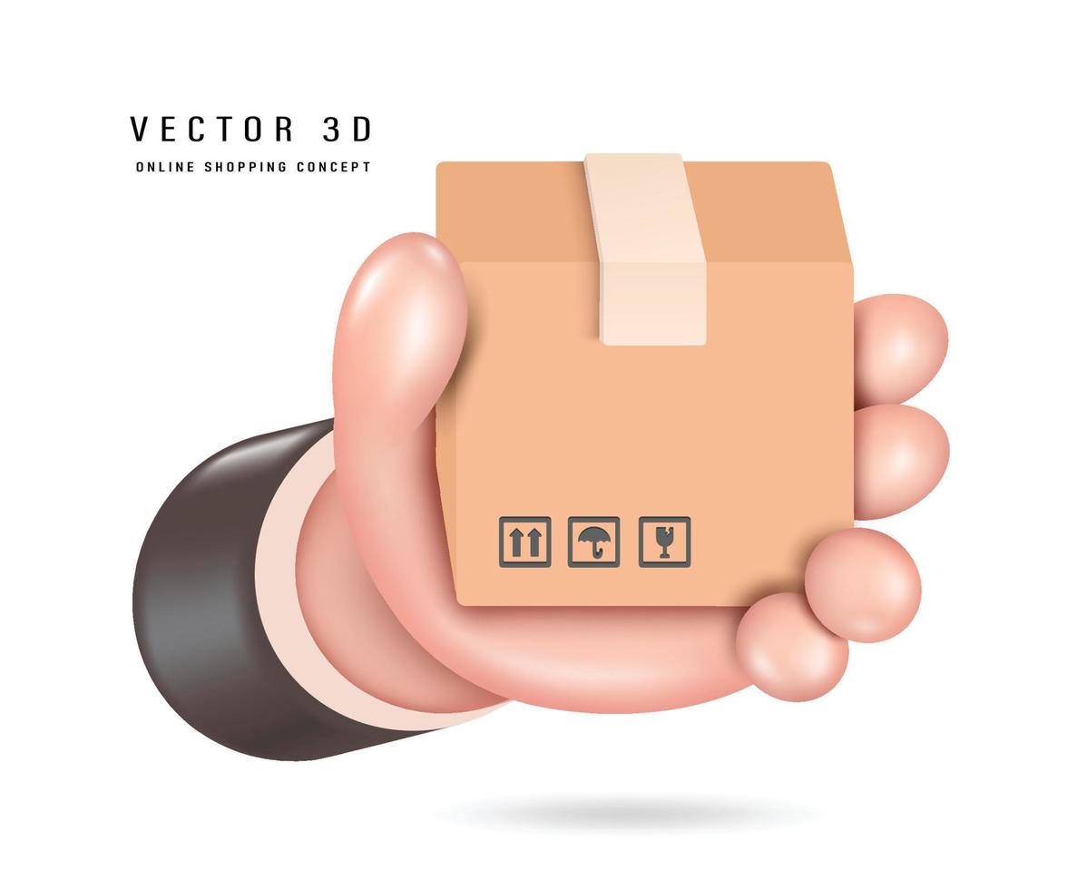 mano sosteniendo una caja de paquetes marrón y el frente de la caja está mirando hacia el frente, vector 3d aislado en un estilo minimalista de fondo blanco para compras en línea, transporte y diseño de concepto de entrega