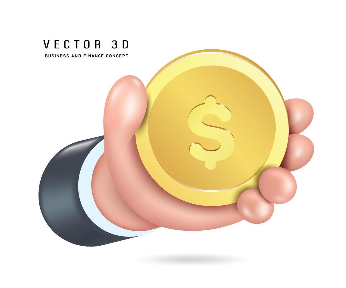 Hand holding a gold coin or one dollar coin, 3d vector isolated on white background for designing advertising materials about financial business or trading on digital platforms minimalist style