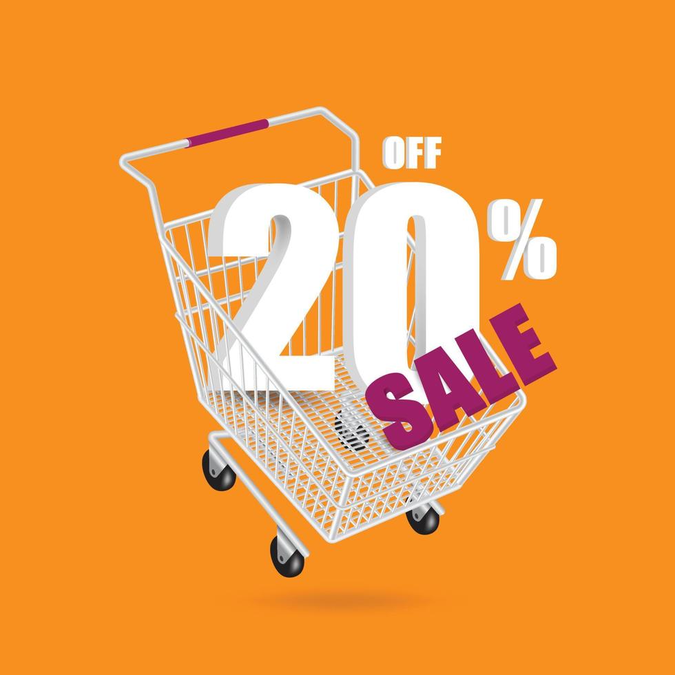 20 percent off and purple sale text 3d in shopping cart vector