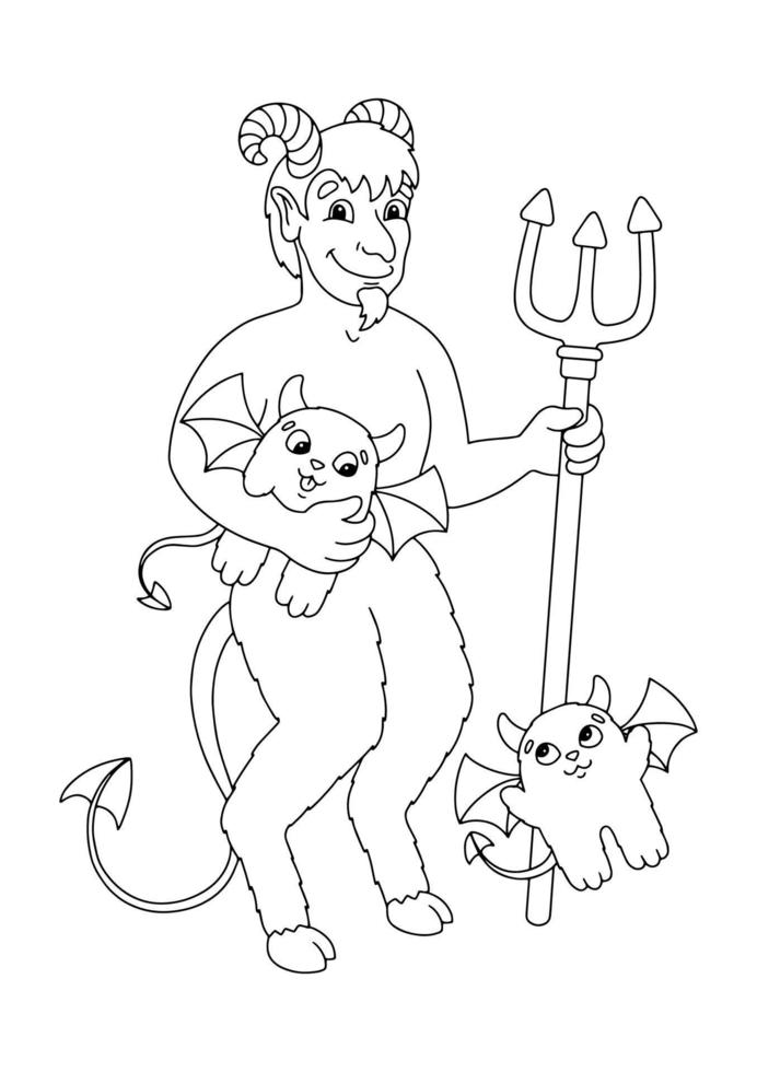 The devil with a pitchfork catches cute devils. Coloring book page for kids. Cartoon style character. Vector illustration isolated on white background.