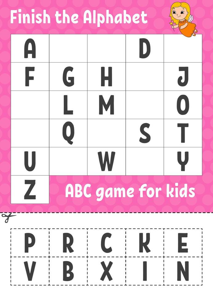 Finish the alphabet. ABC game for kids. Cut and glue. Education developing worksheet. Learning game for kids. Color activity page. vector