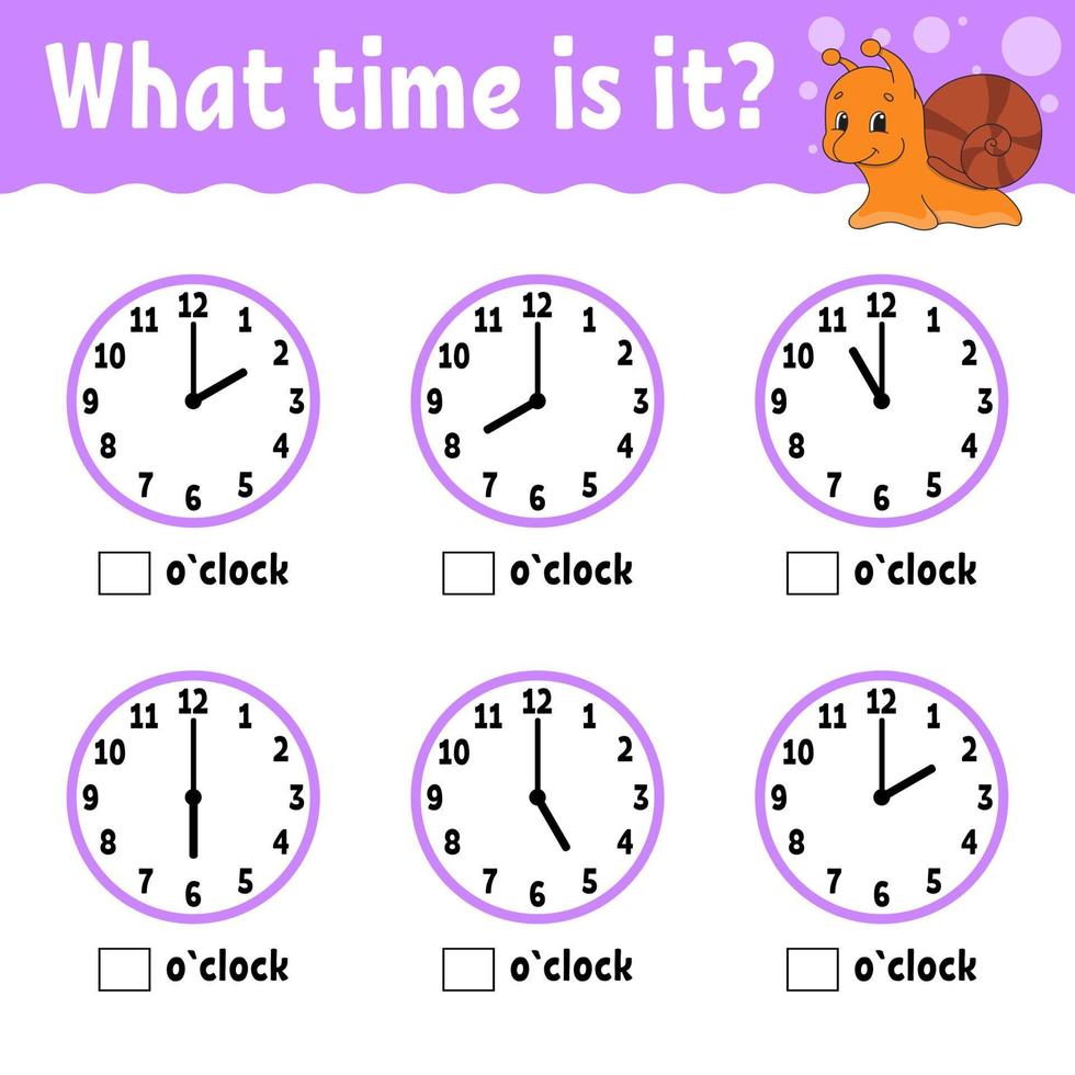 tiempo de aprendizaje en el reloj. hoja de trabajo de actividad educativa para niños y niños pequeños. juego para niños. ilustración de vector de color plano aislado simple en estilo de dibujos animados lindo. ilustración vectorial