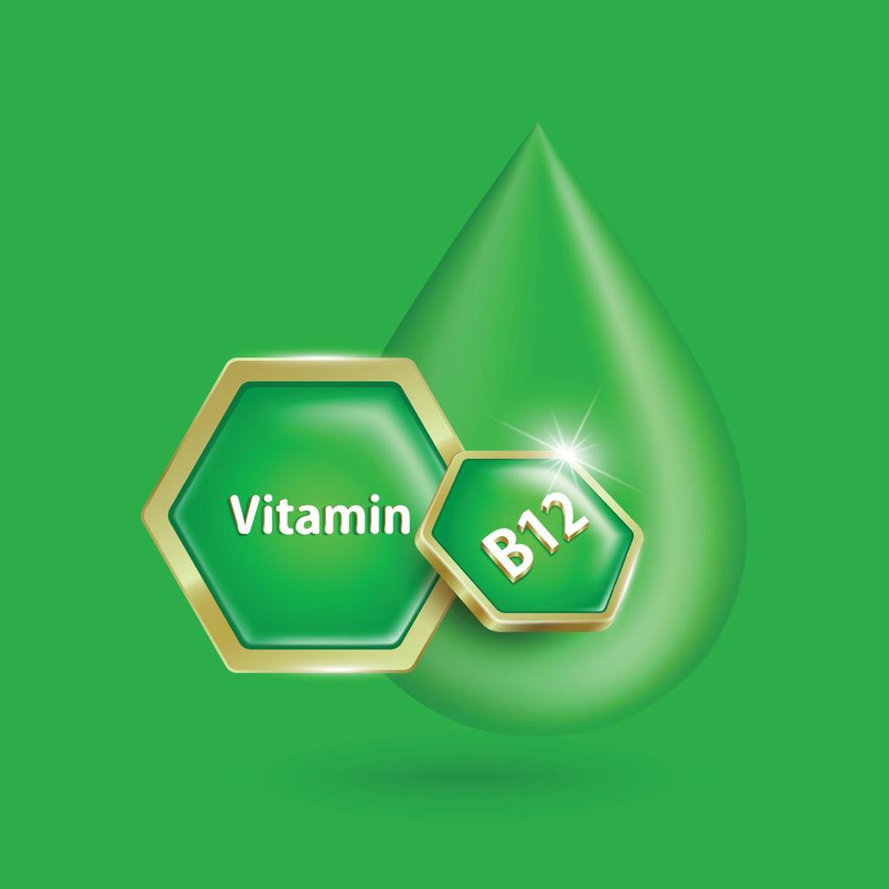 una insignia con el logotipo de vitamina b12 hexagonal verde dorado flota frente a una gota de agua vector