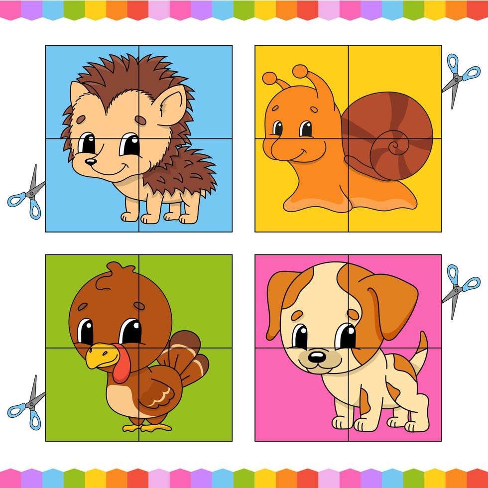 Cut and play. Paper game with glue. Flash cards. Education worksheet. Activity page. Funny character. Isolated vector illustration. cartoon style.