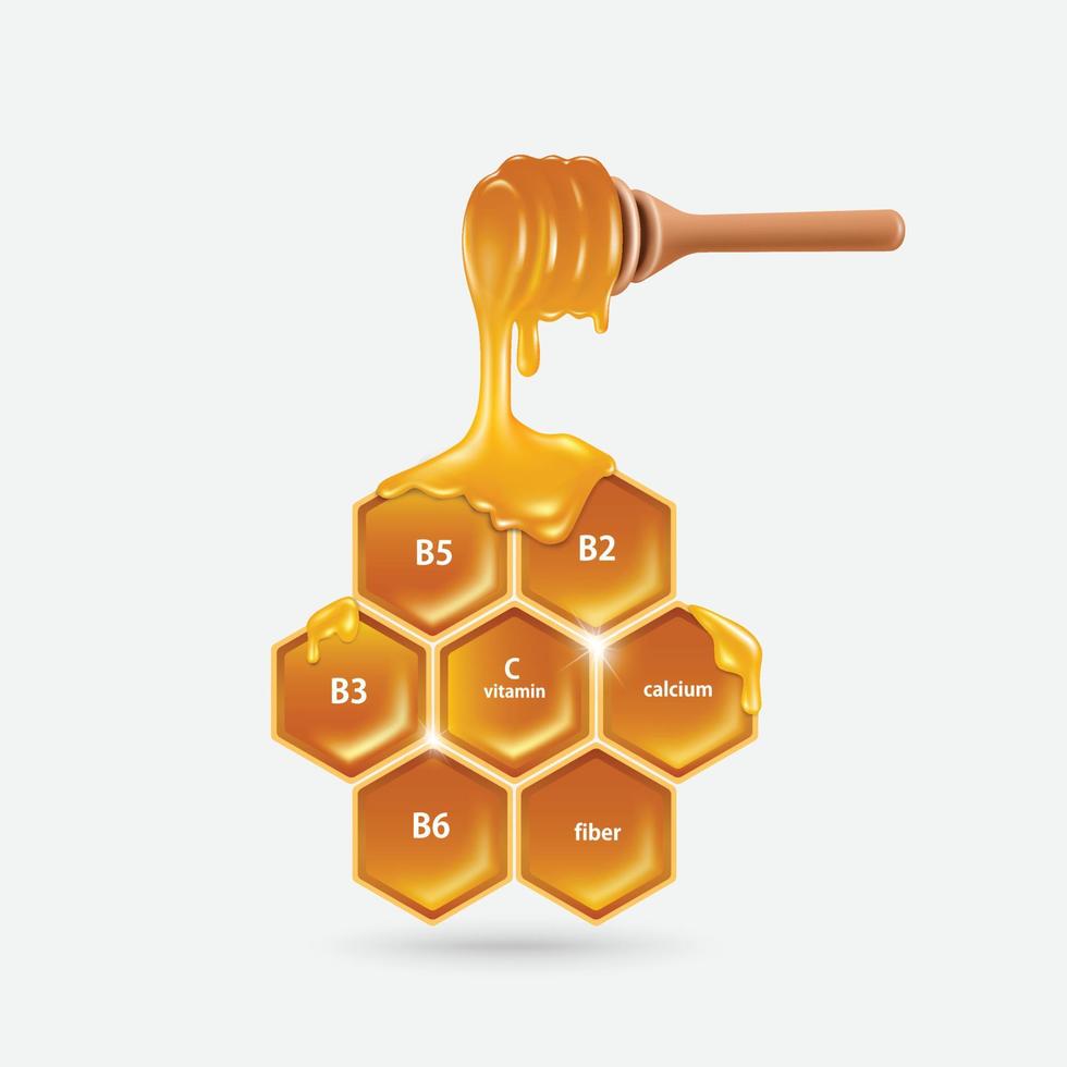 el cucharón recogió la miel que goteaba en el panal hexagonal con varios textos de nutrición alimentaria vector