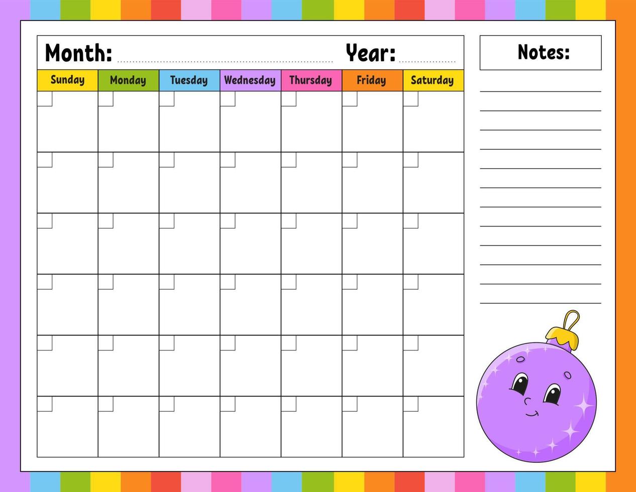 Blank calendar template for one month without dates. Colorful design with a cute character. Vector illustration.