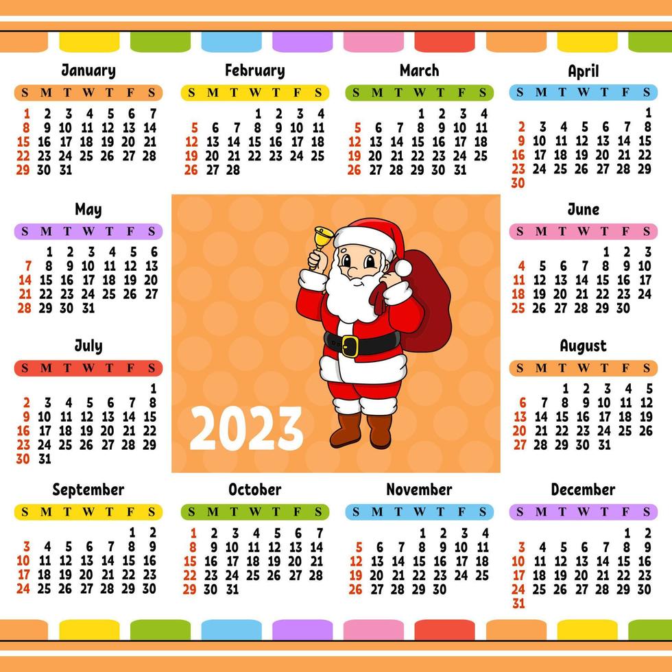 Calendar for 2023 with a cute character. Fun and bright design. Cartoon style. Vector illustration.