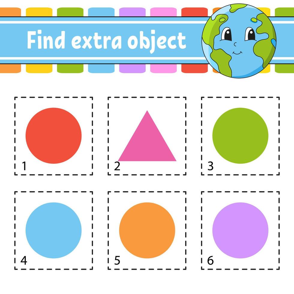 Find extra object. Educational activity worksheet for kids and toddlers. Game for children. Cute characters. Vector illustration.