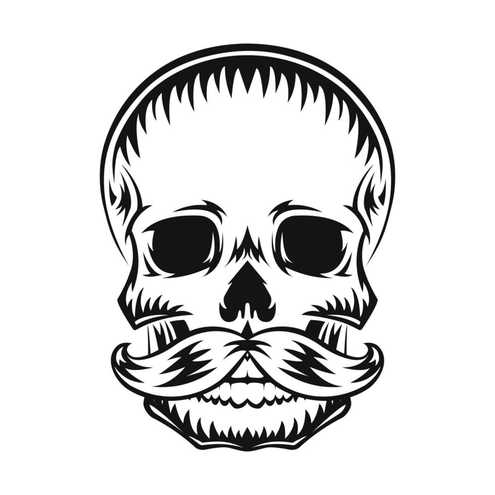 Human skull with mustache. Black silhouette. Design element. Hand drawn sketch. Vintage style. Vector illustration.