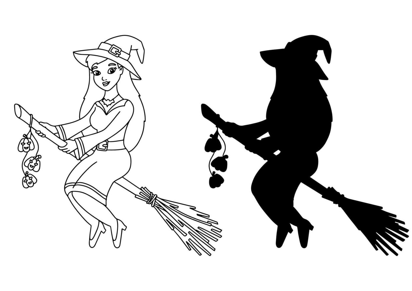 Witch in a hat flies on a broomstick. vector
