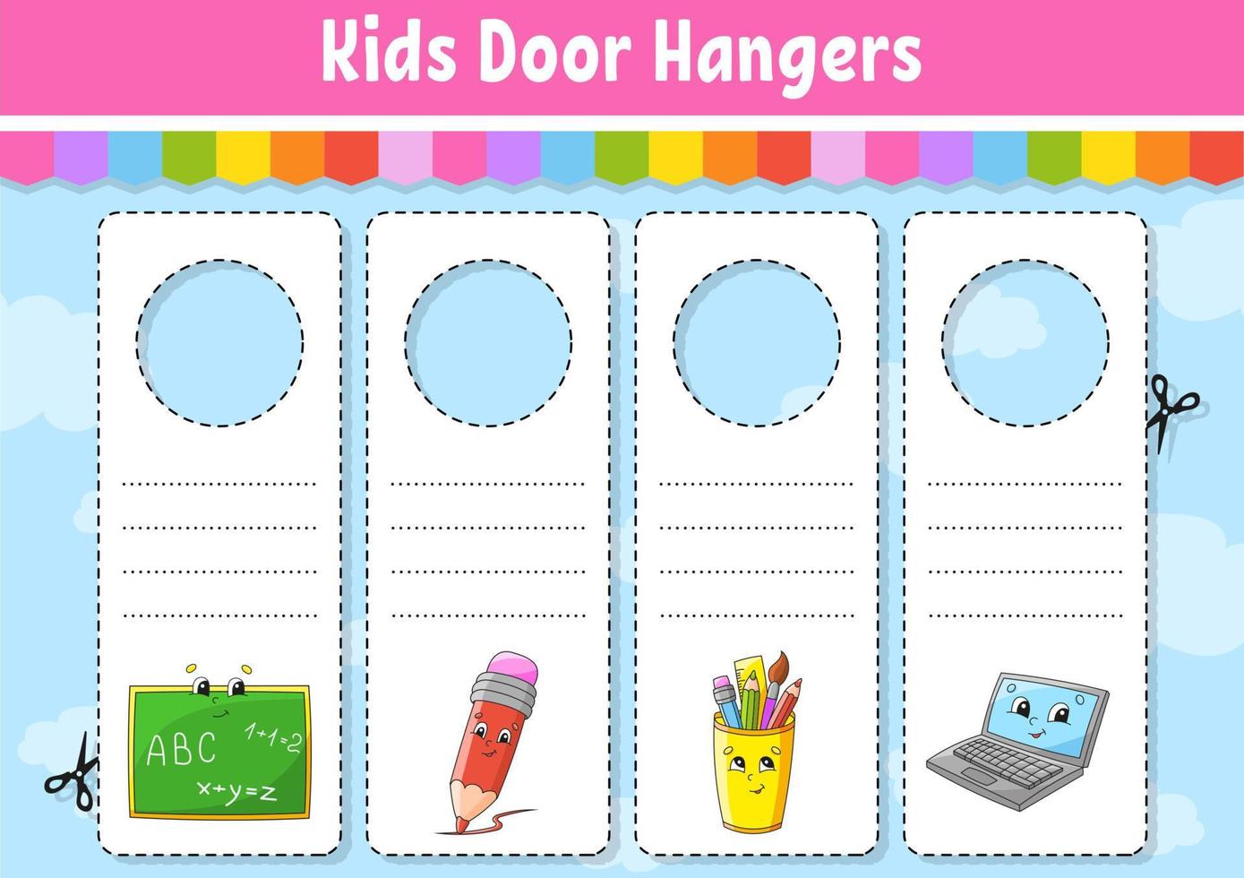 Door hangers. Cute cartoon characters. Sign printable. Kids style. On doorknobs. Tag template. Back to school theme. Vector illustration.