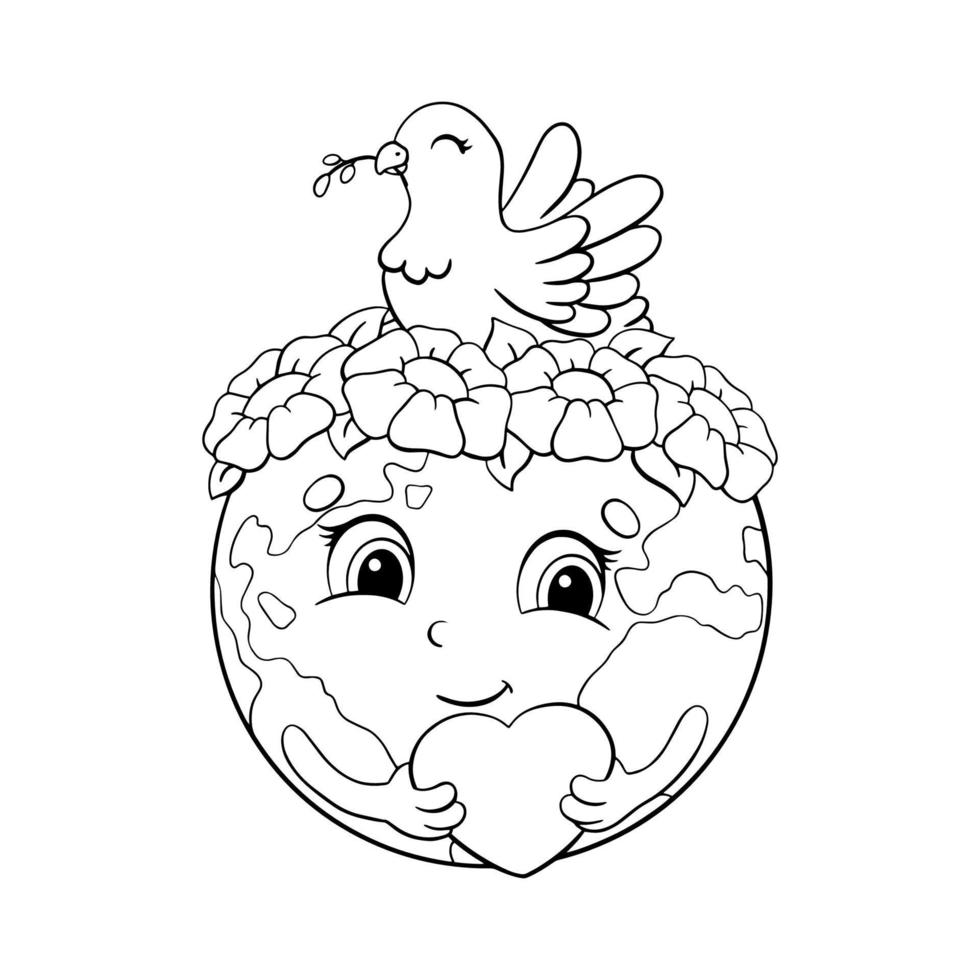 lindo planeta tierra tiene un corazón en sus manos. en la cabeza hay una corona de flores y una paloma, símbolo de paz. página de libro para colorear para niños. ilustración vectorial aislado sobre fondo blanco. vector