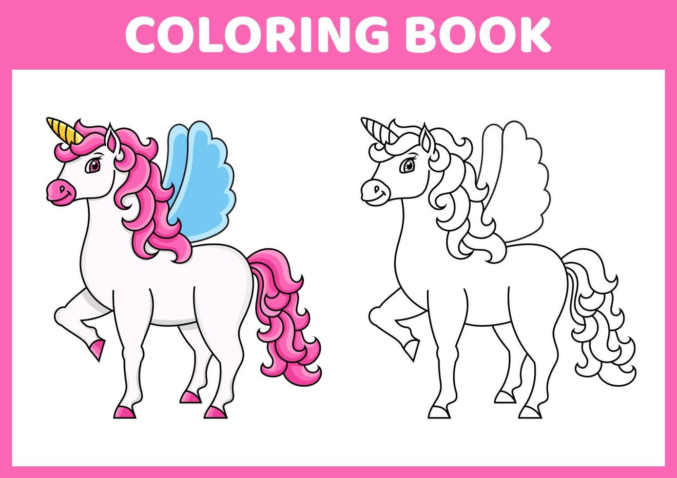 Cute unicorn with wings. Magic fairy horse. Coloring book page for kids. Cartoon style. Vector illustration isolated on white background.