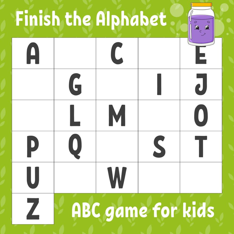 Finish the alphabet. ABC game for kids. Education developing worksheet. Learning game for kids. Color activity page. vector