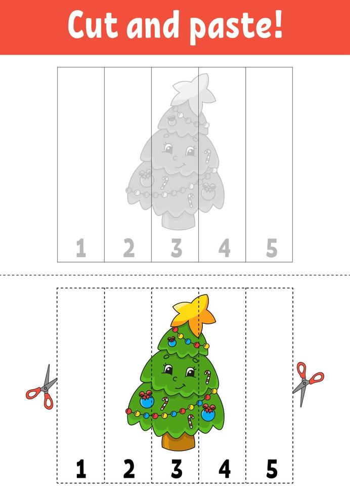 Learning numbers 1-5. Cut and glue. cartoon character. Education developing worksheet. Game for kids. Activity page. Vector illustration.