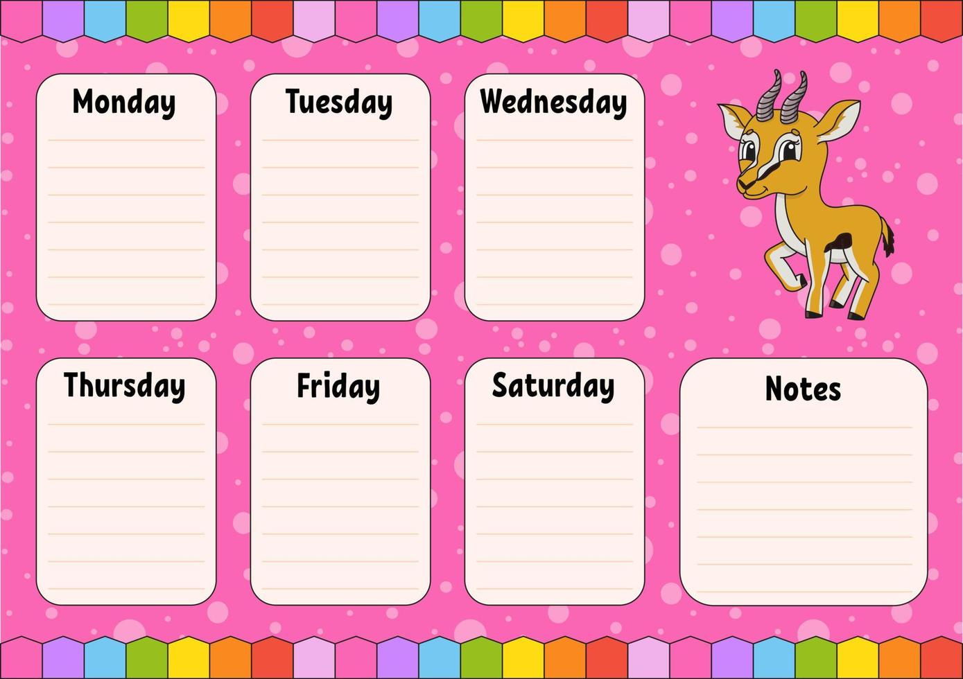 School schedule. Timetable for schoolboys. Empty template. Weekly planer with notes. Isolated color vector illustration. cartoon character.