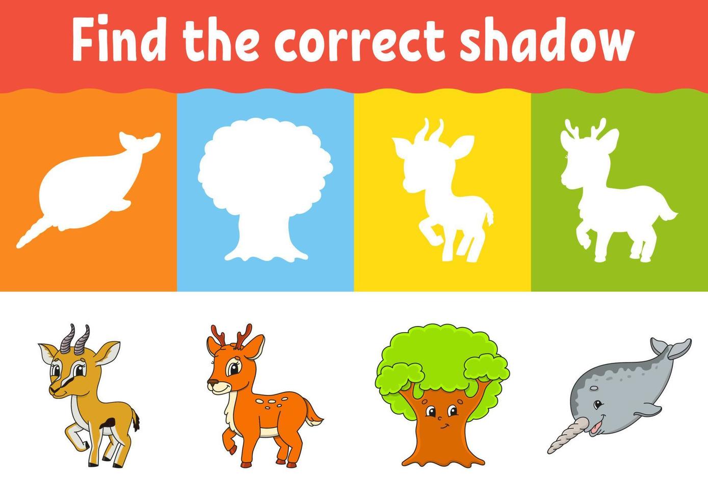 Find the correct shadow. Education worksheet. Matching game for kids. Color activity page. Puzzle for children. cartoon character. Isolated vector illustration.