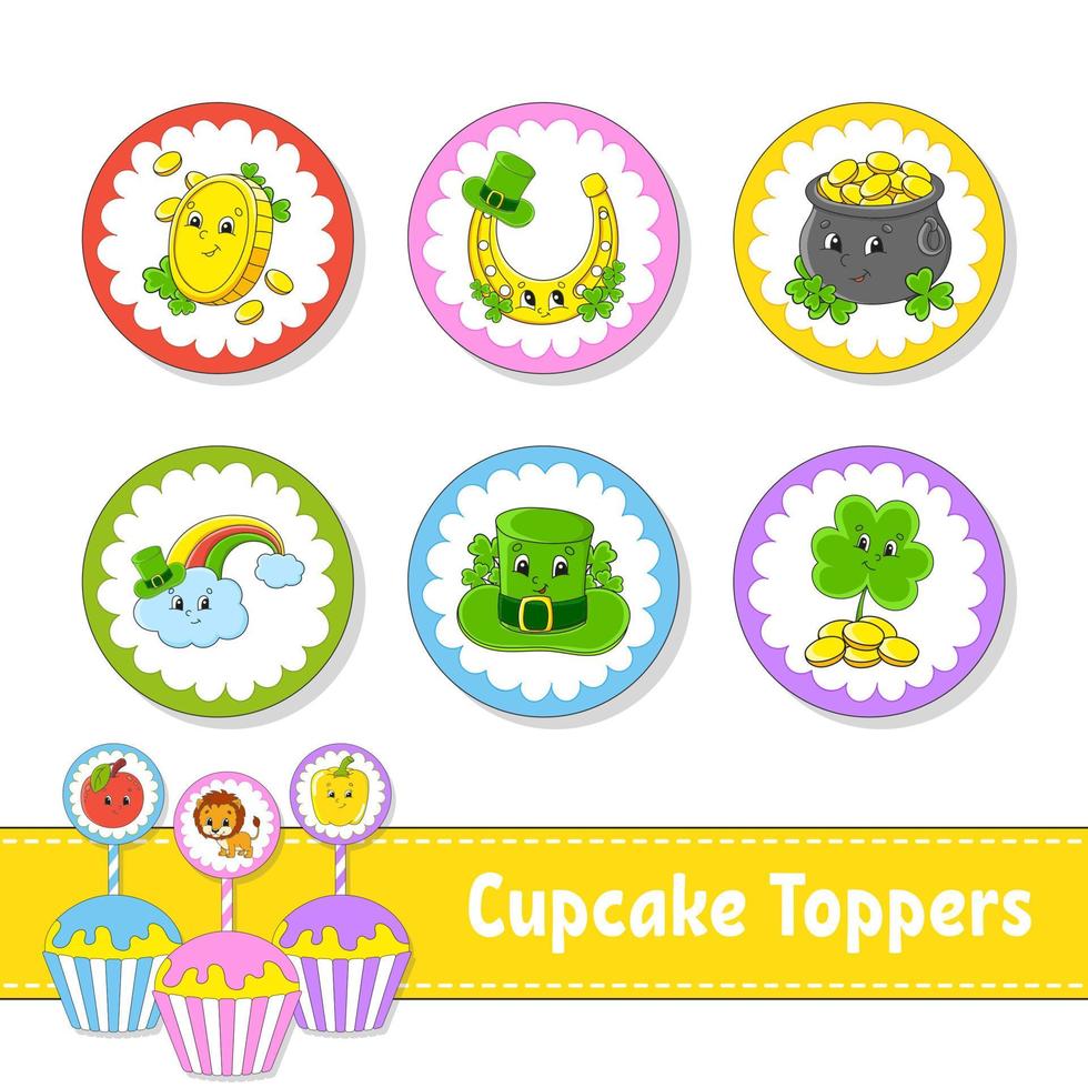 Cupcake Toppers. Set of six round pictures. cartoon characters. Cute image. For birthday, baby shower. Isolated on white background. Vector illustration.