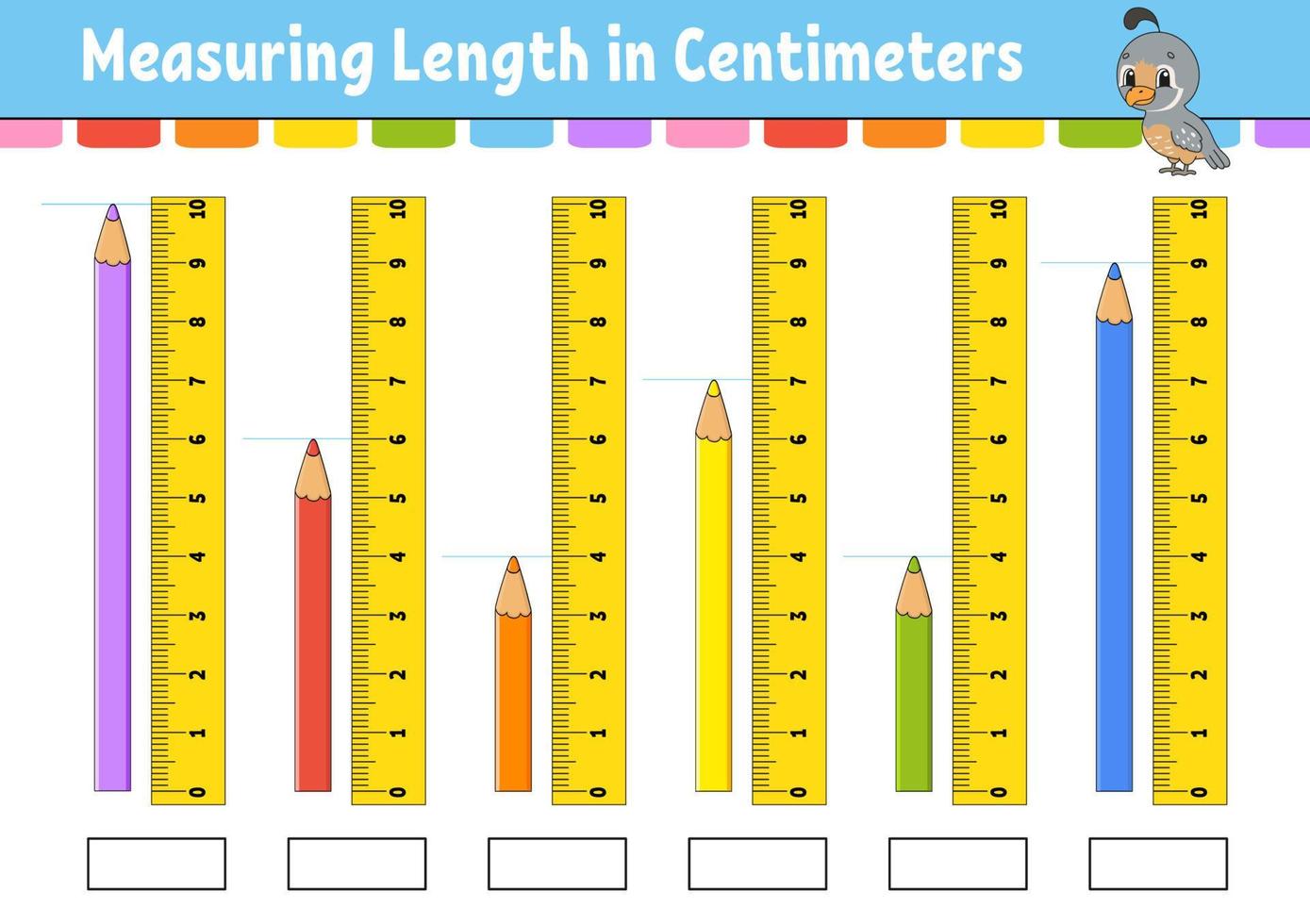 Measuring length in centimeter with ruler. Education developing worksheet. Game for kids. Color activity page. Puzzle for children. Cute character. Vector illustration. cartoon style.