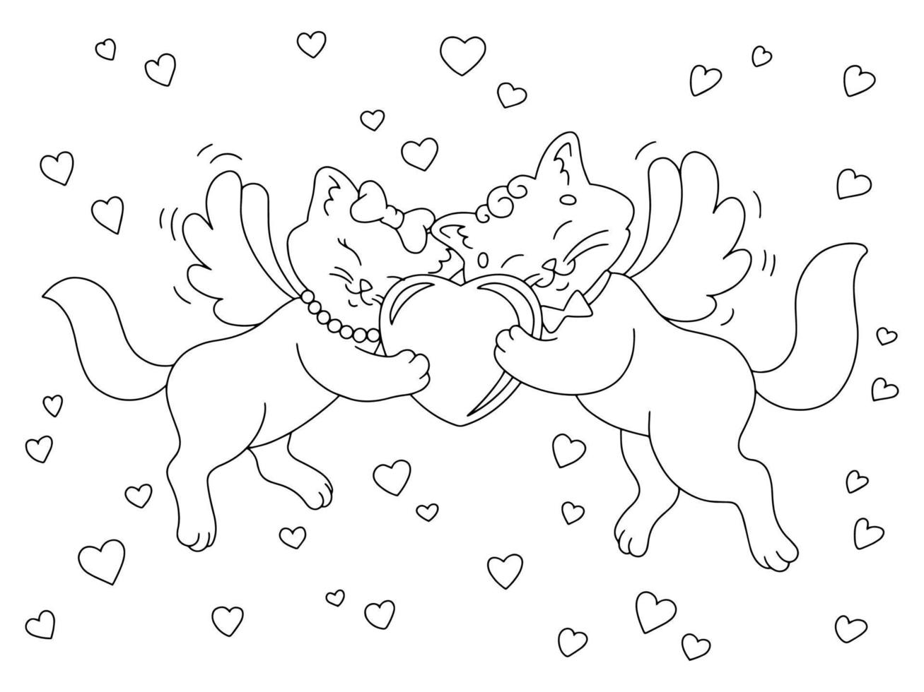 Cute couple of cats with wings. Coloring book page for kids. Cartoon style character. Vector illustration isolated on white background. Valentine's Day.