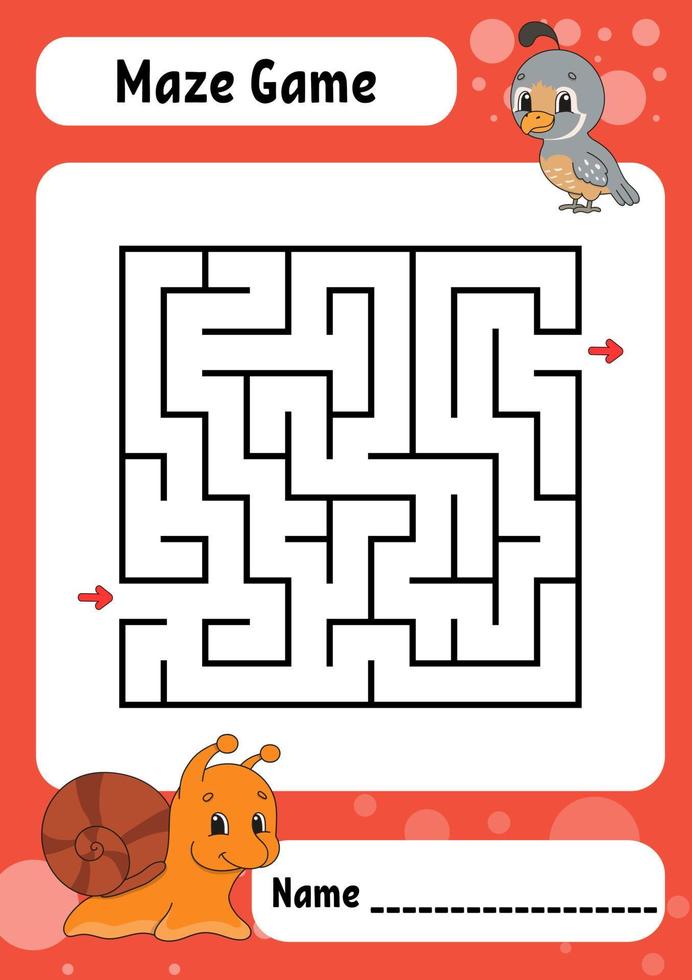 Square maze. Game for kids. Funny labyrinth. Education developing worksheet. Activity page. Puzzle for children. cartoon style. Riddle for preschool. Logical conundrum. Vector illustration.