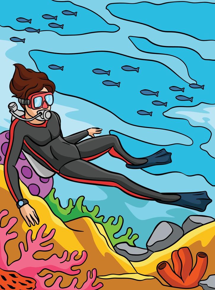 Scuba Diving Colored Cartoon Illustration vector