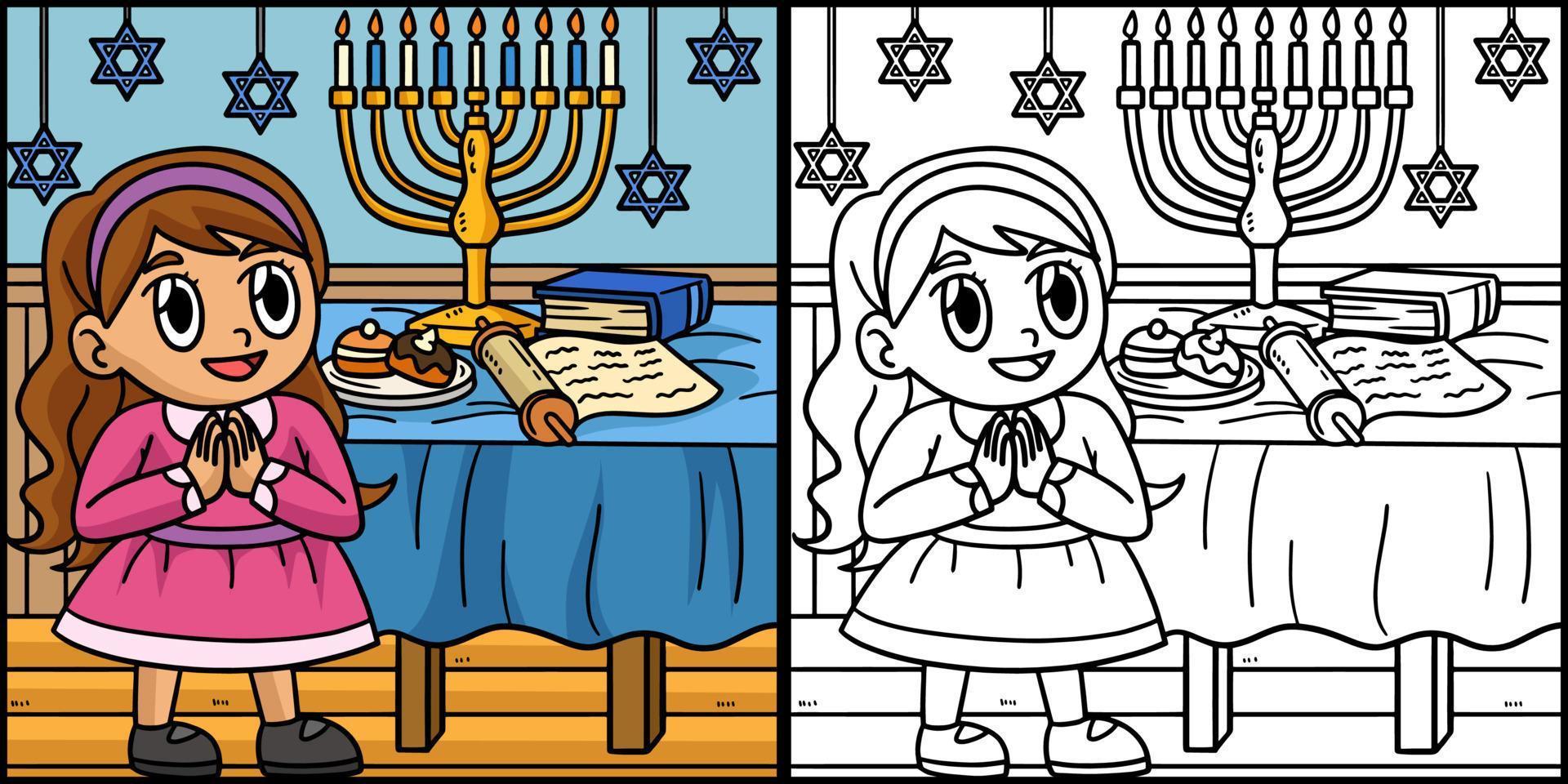 niña de hanukkah rezando con ilustración de menorah vector