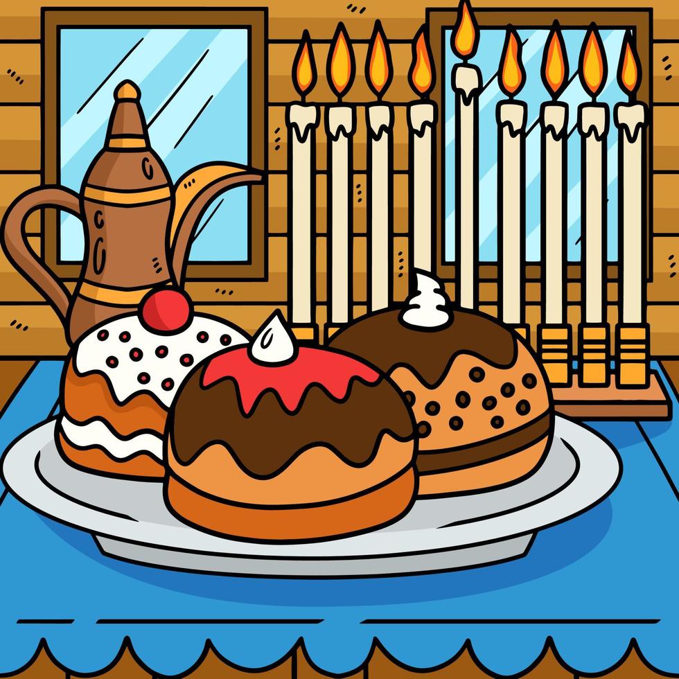 Hanukkah Sufganiyah with Menorah Colored Cartoon vector
