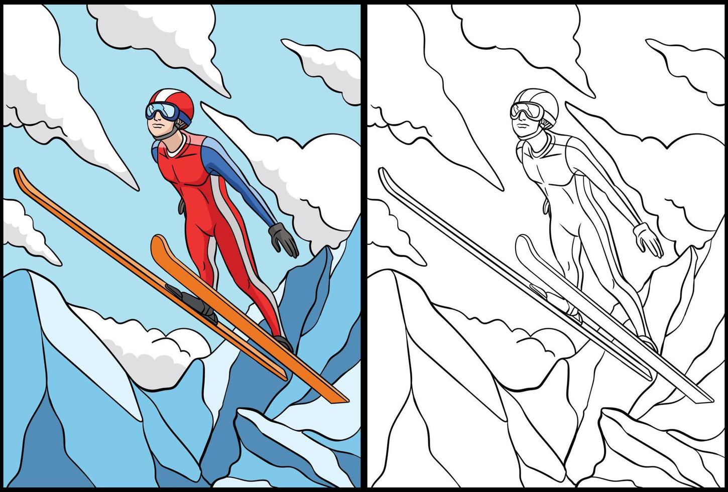 Ski Jumping Coloring Page Colored Illustration vector