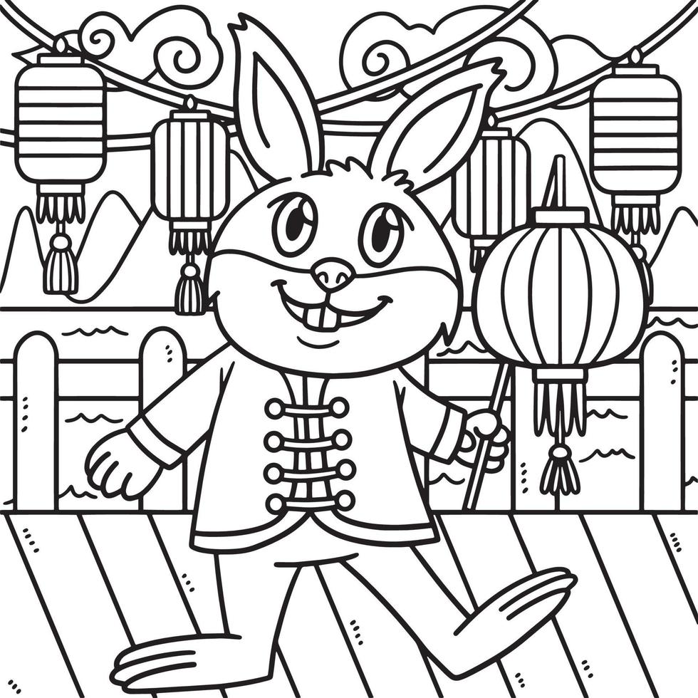 Rabbit with Lantern Year Of The Rabbit Coloring vector