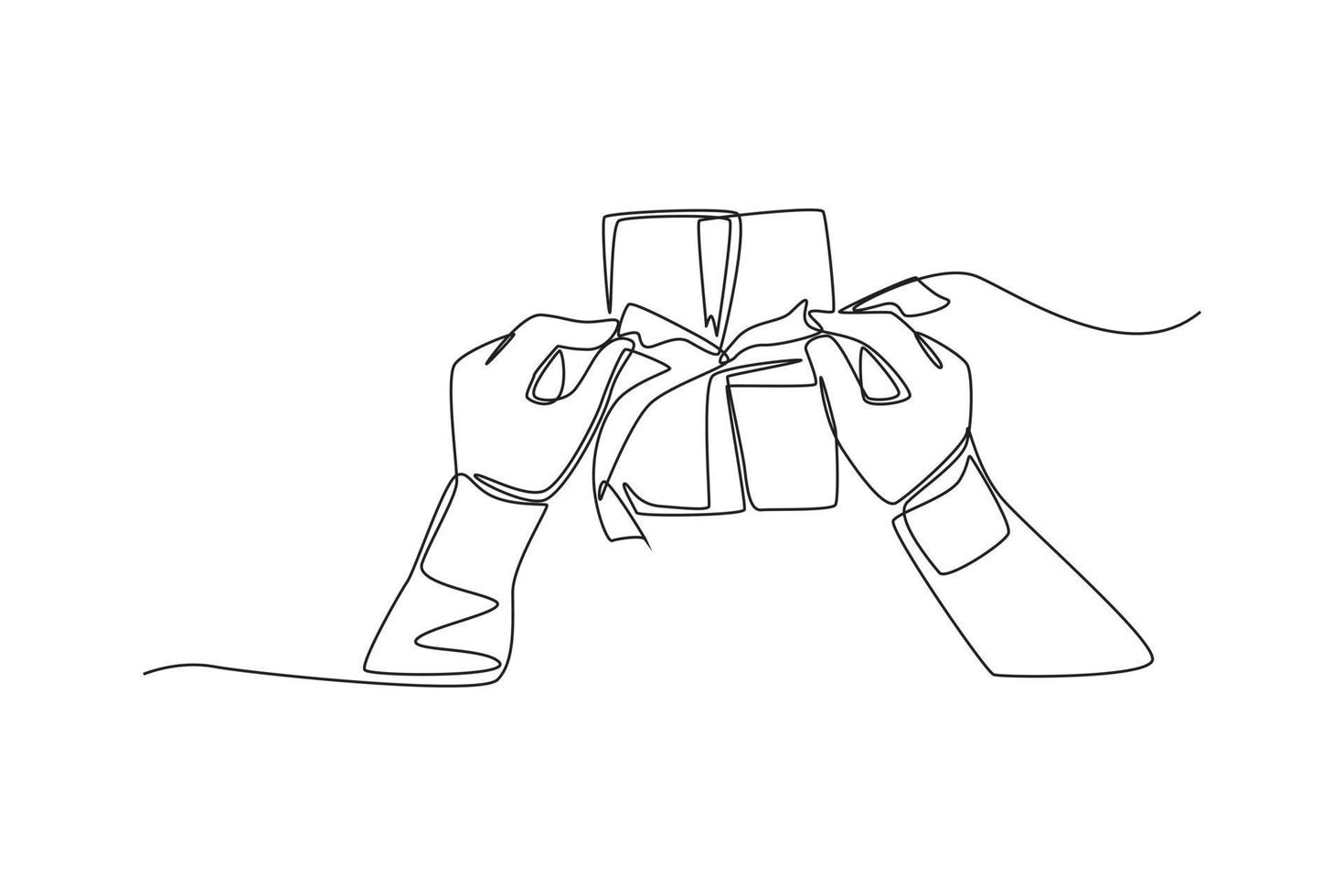 Single one line drawing top of view hand wrapping the gift. Giving season go concept. Continuous line draw design graphic vector illustration.
