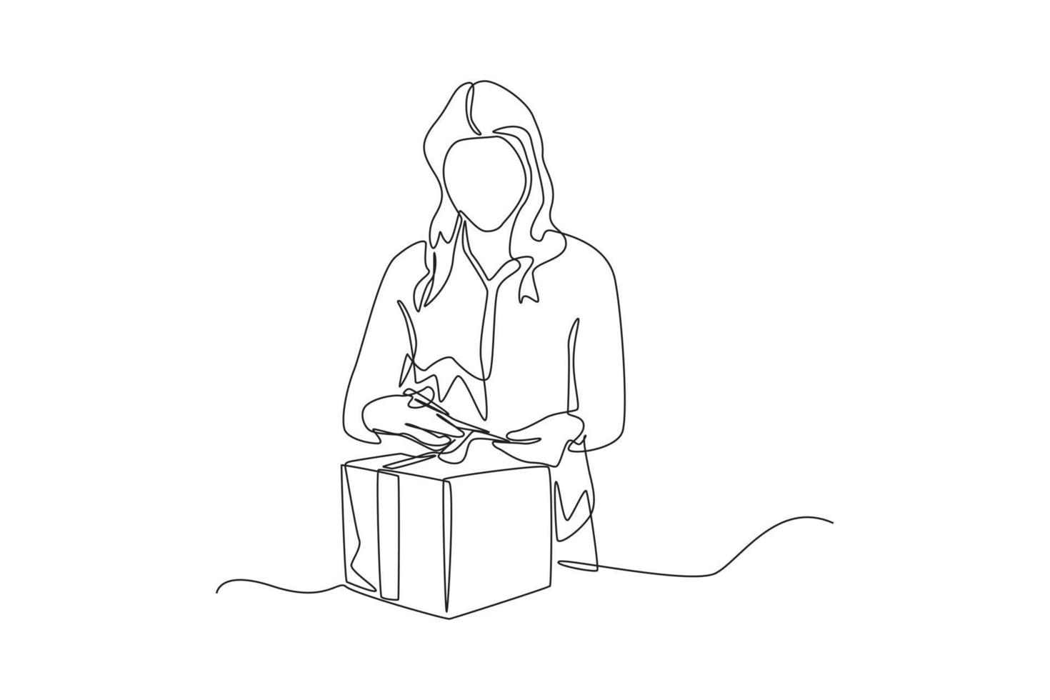 Single one line drawing happy woman wrapping the gift. Giving season go concept. Continuous line draw design graphic vector illustration.