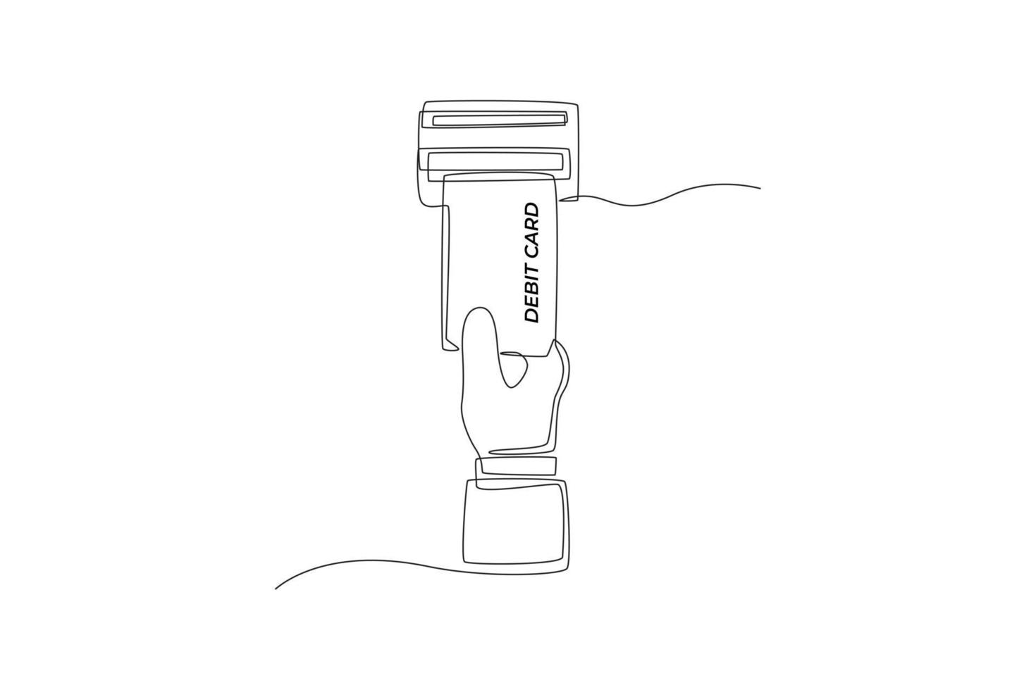 Continuous one line drawing hand insert his debit card into the ATM machine. ATM machine concept. Single line draw design vector graphic illustration.