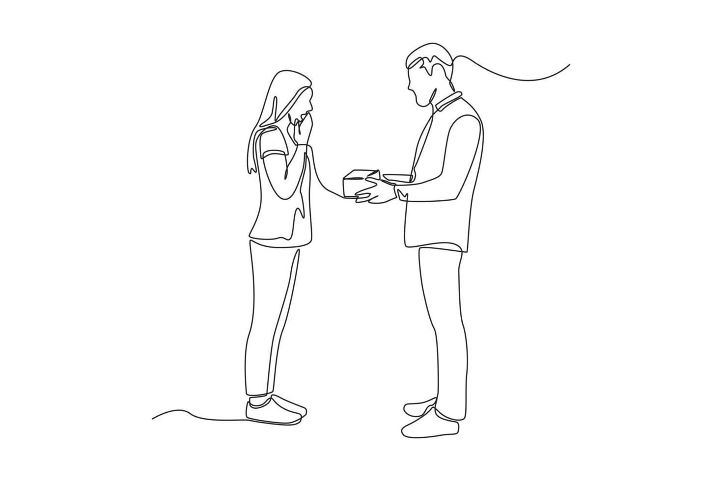 Single one line drawing happy man giving a gift to his girlfriend. Giving season go concept. Continuous line draw design graphic vector illustration.