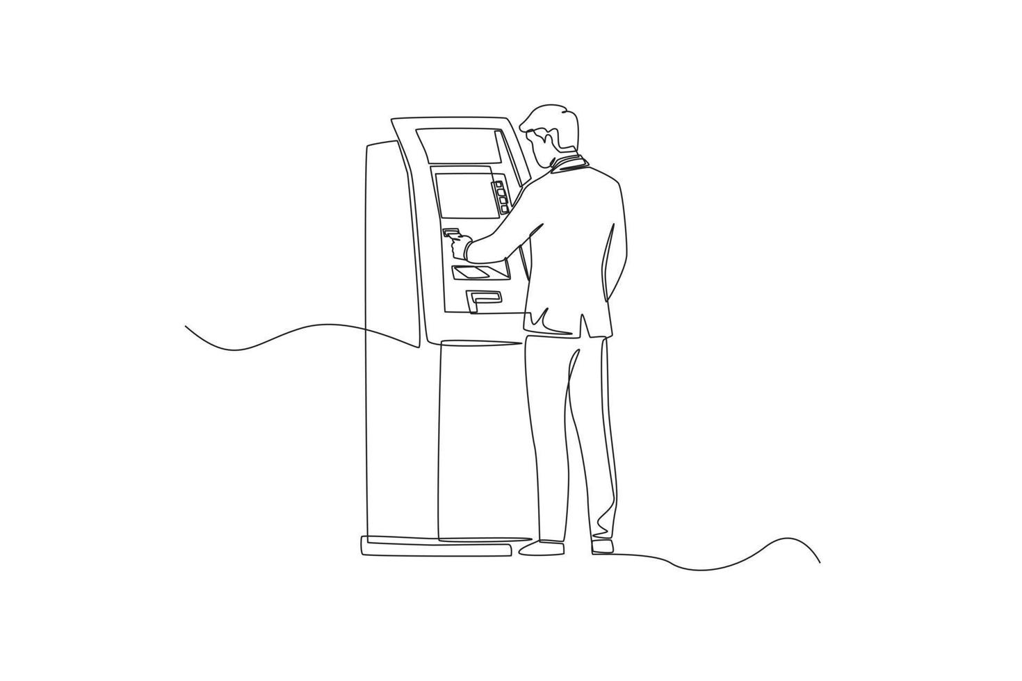 Continuous one line drawing businessman doing transaction at the ATM. ATM machine concept. Single line draw design vector graphic illustration.