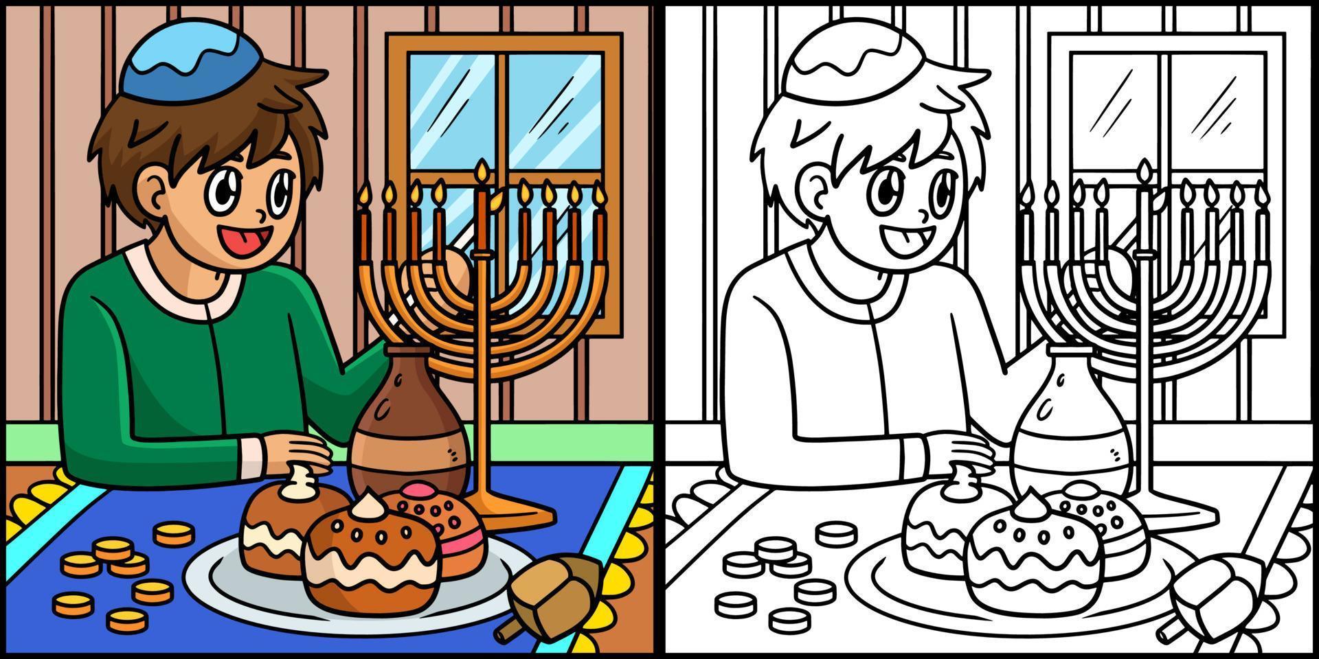 ilustración de menorá de iluminación de niño de hanukkah vector