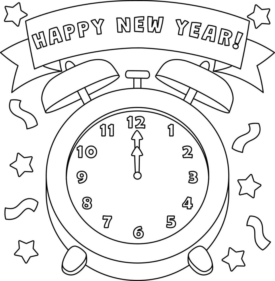 Happy New Year Clock Isolated Coloring Page vector