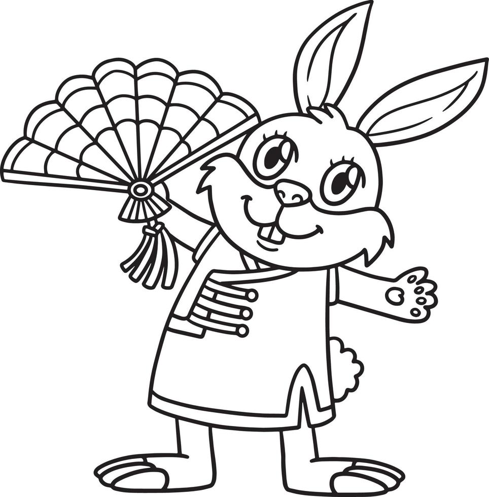 Rabbit Chinese Fan Isolated Coloring Page vector