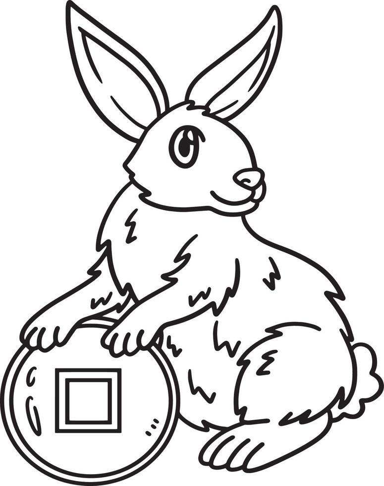 Rabbit Holding Chinese Coin Isolated Coloring vector