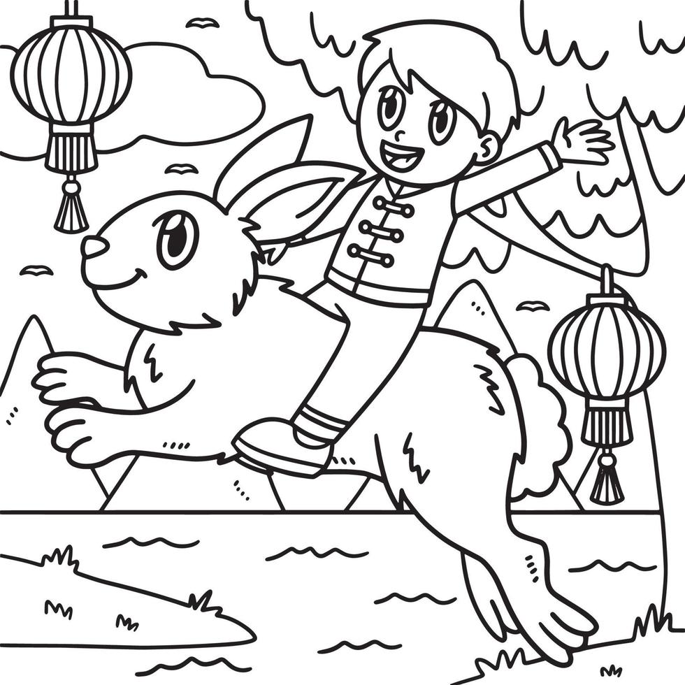 Boy Riding Rabbit Year Of The Rabbit Coloring vector