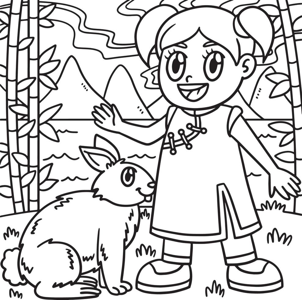 niña con conejo año del conejo para colorear vector