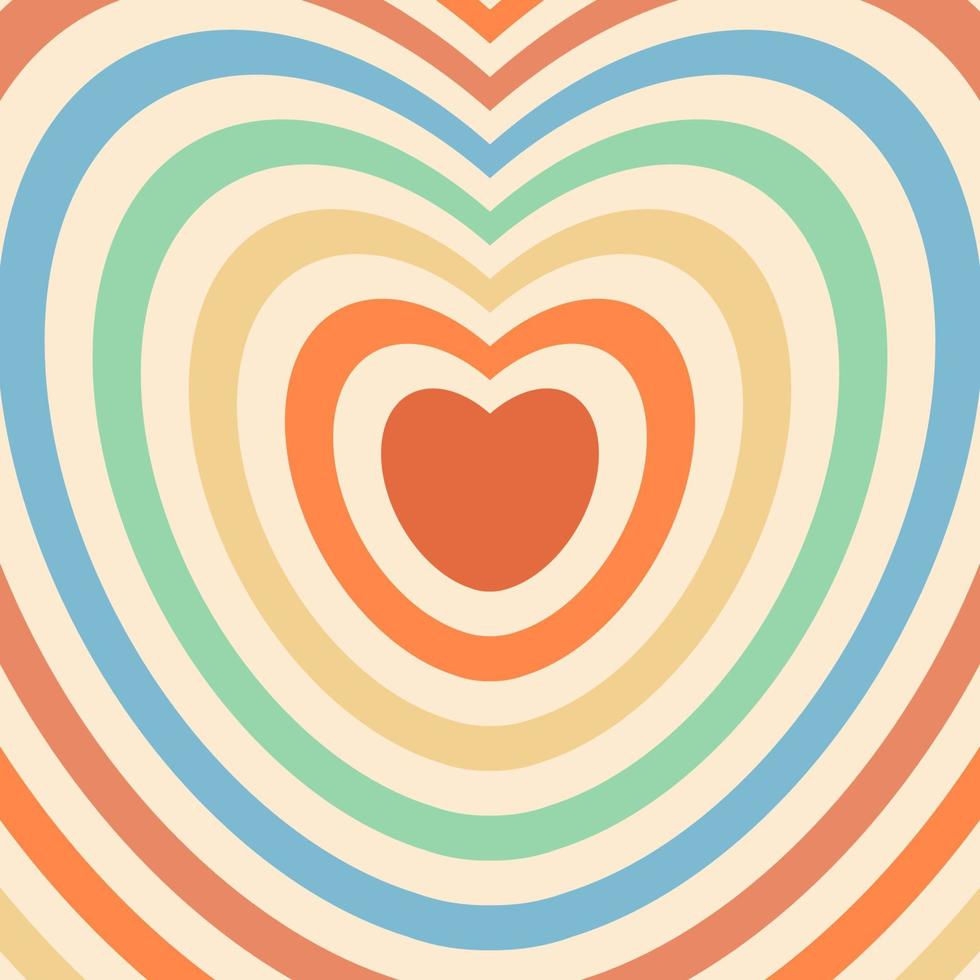 Heart shaped concentric stripes in retro groovy style. Hypnotic tunnel. 70s psychedelic rainbow retro background vector