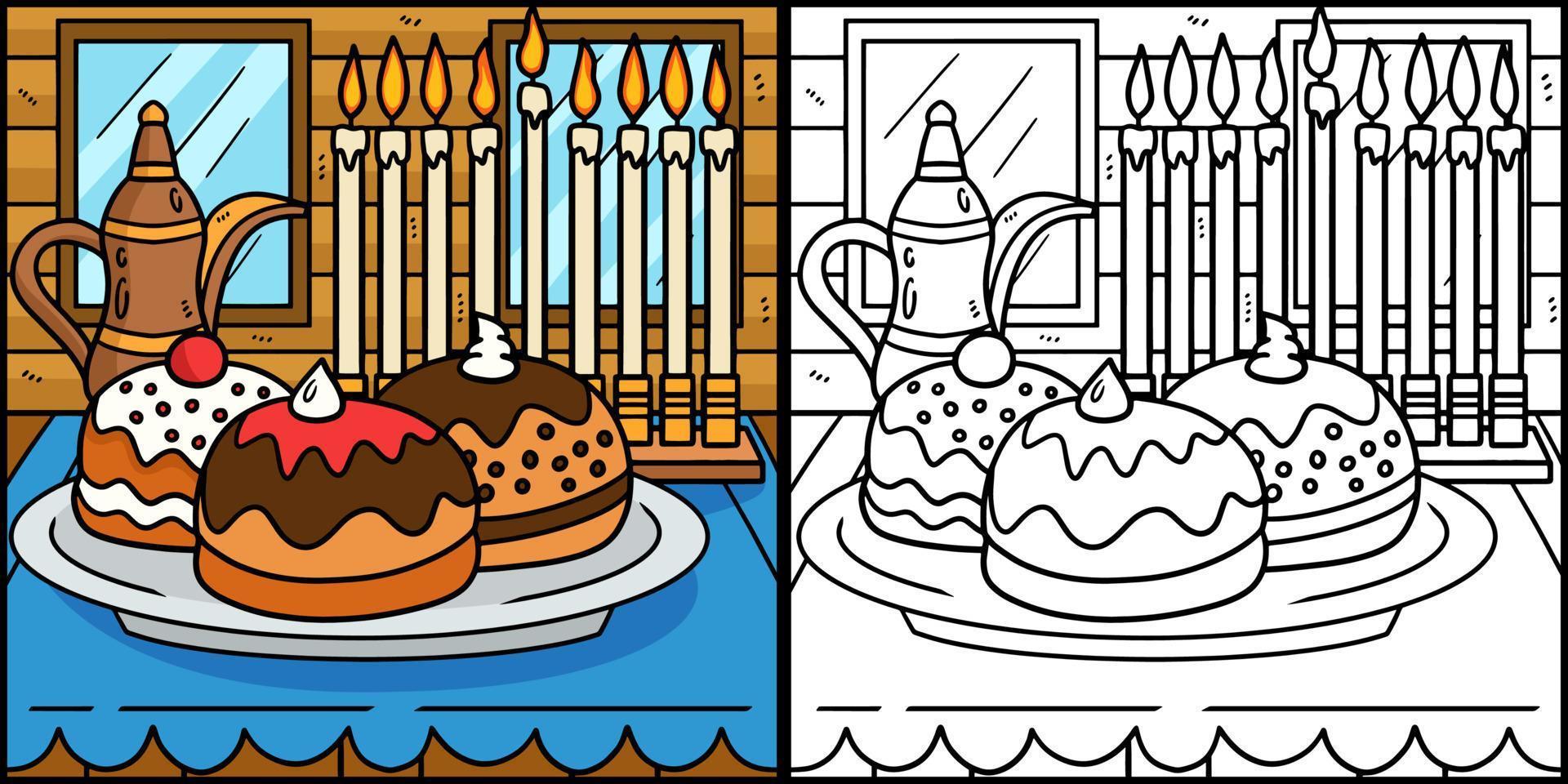 hanukkah sufganiyah con ilustración de menorah vector