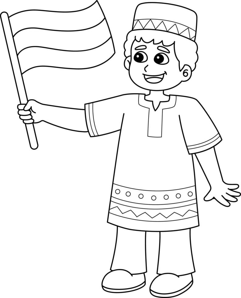 Kwanzaa Boy Holding a Flag Isolated Coloring Page vector